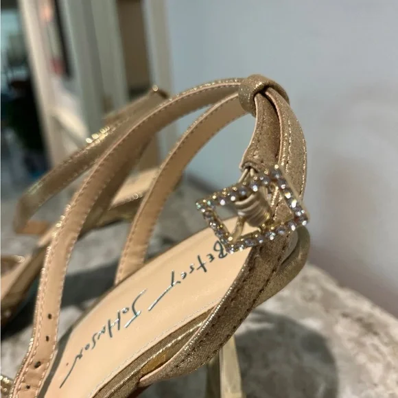 Betsy Johnson Elegant Gold Strappy Heels with Floral Accents - Picture 4 of 7